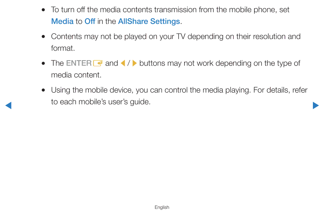 Samsung UA55D8000YRXSJ, UA55H8000ARXSK, UA65H8000ARXSK Media to Off in the AllShare Settings, To each mobile’s user’s guide 