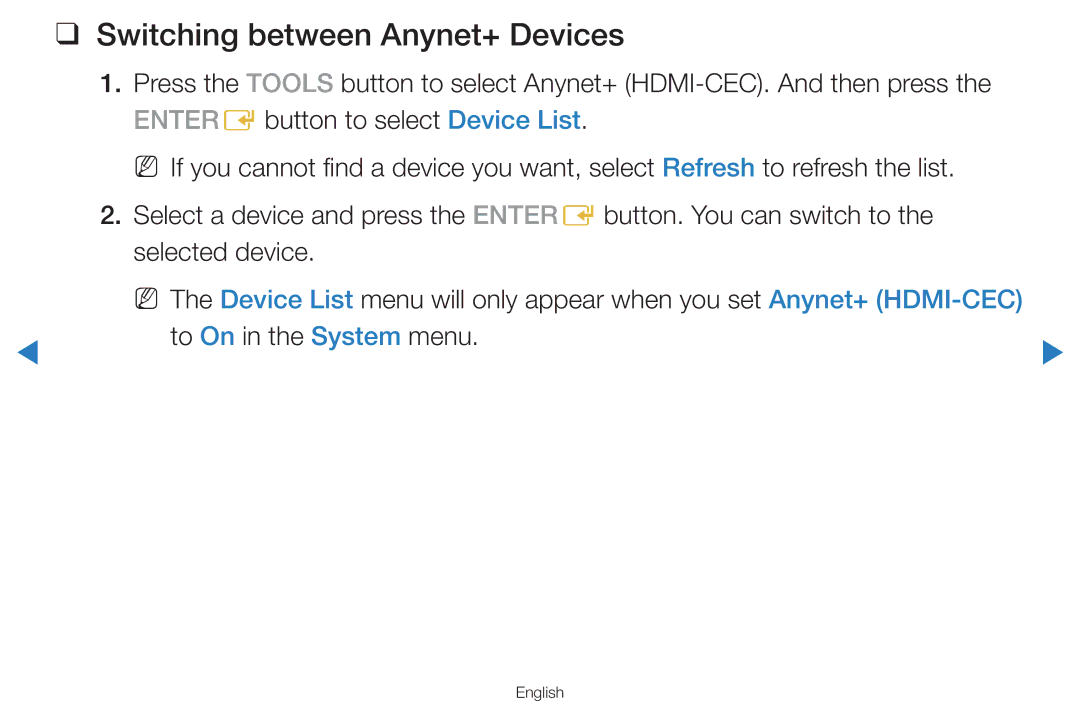 Samsung UA65H8000ARXZN, UA55H8000ARXSK, UA65H8000ARXSK manual Switching between Anynet+ Devices, To On in the System menu 