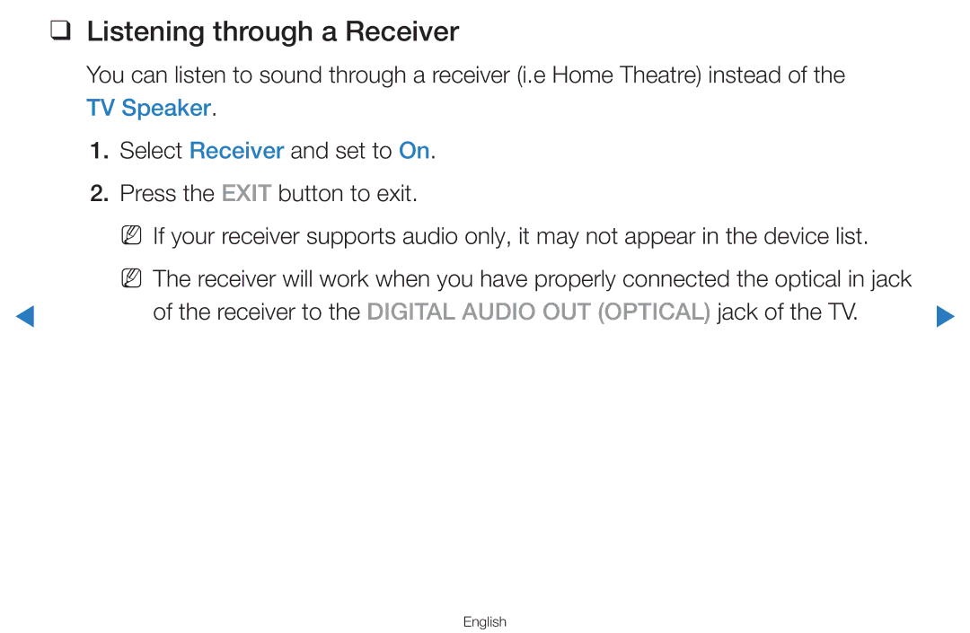 Samsung UA46D7000LRXUM manual Listening through a Receiver, Receiver to the Digital Audio OUT Optical jack of the TV 