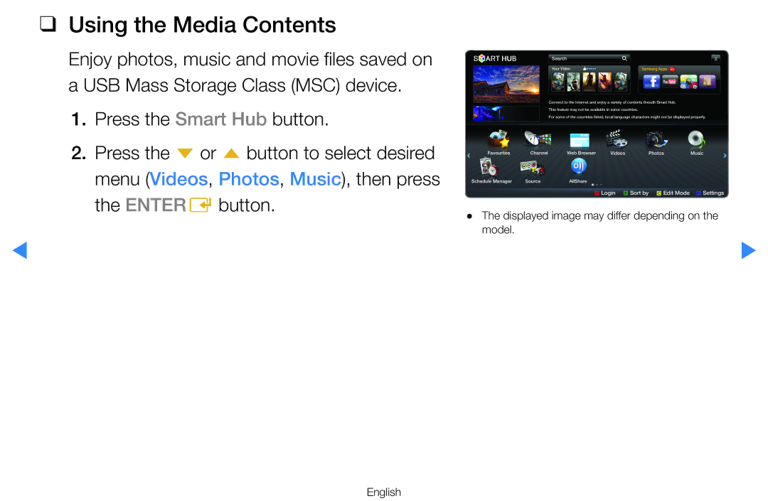 Samsung UA55D8000YNXHC, UA55H8000ARXSK, UA65H8000ARXSK, UA46D7000LRSXA, UA46D7000LRXZN manual Using the Media Contents 