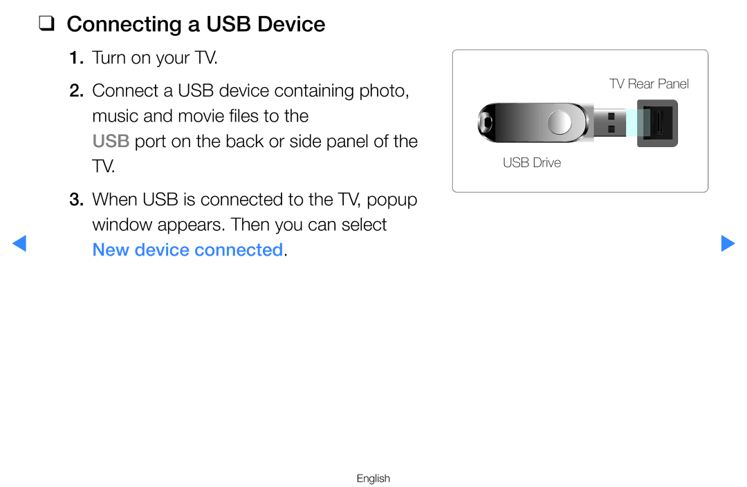 Samsung UA55D8000YNXZN, UA55H8000ARXSK, UA65H8000ARXSK, UA46D7000LRSXA manual Connecting a USB Device, New device connected 