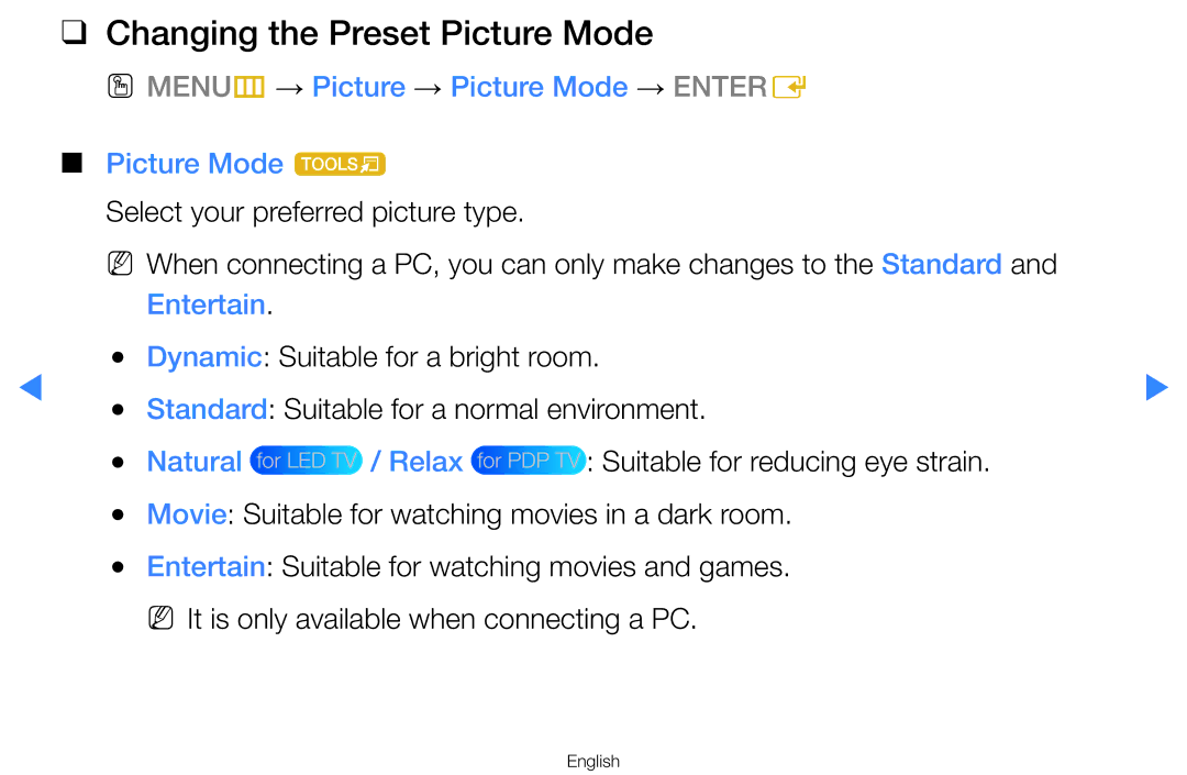 Samsung UA65H8000ARXMZ manual Changing the Preset Picture Mode, OO MENUm → Picture → Picture Mode → Entere Picture Mode t 