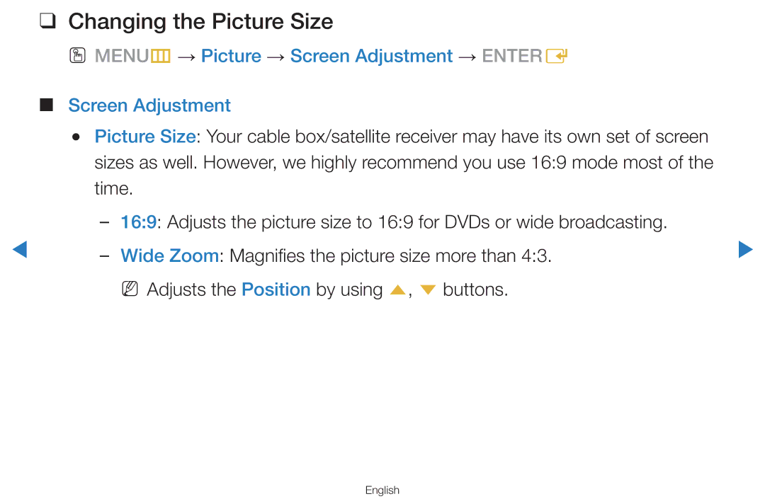 Samsung UA46D7000LNXUM, UA55H8000ARXSK manual Changing the Picture Size, OO MENUm → Picture → Screen Adjustment → Entere 