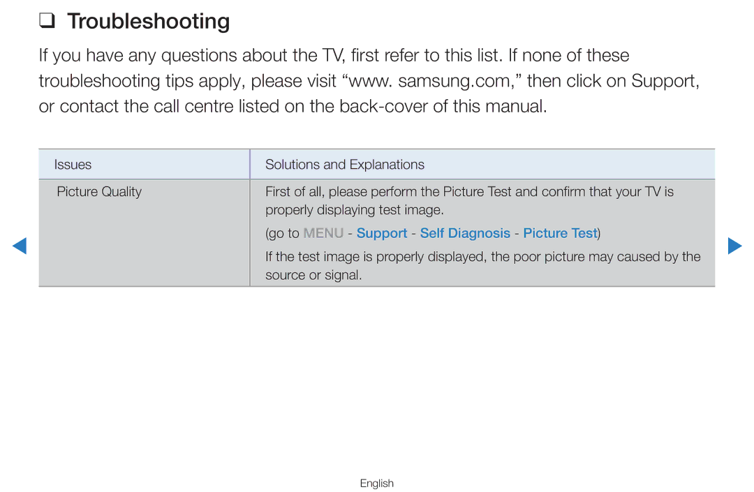 Samsung UA55H8000ARXSK, UA65H8000ARXSK, UA46D7000LRSXA manual Troubleshooting, Go to Menu Support Self Diagnosis Picture Test 