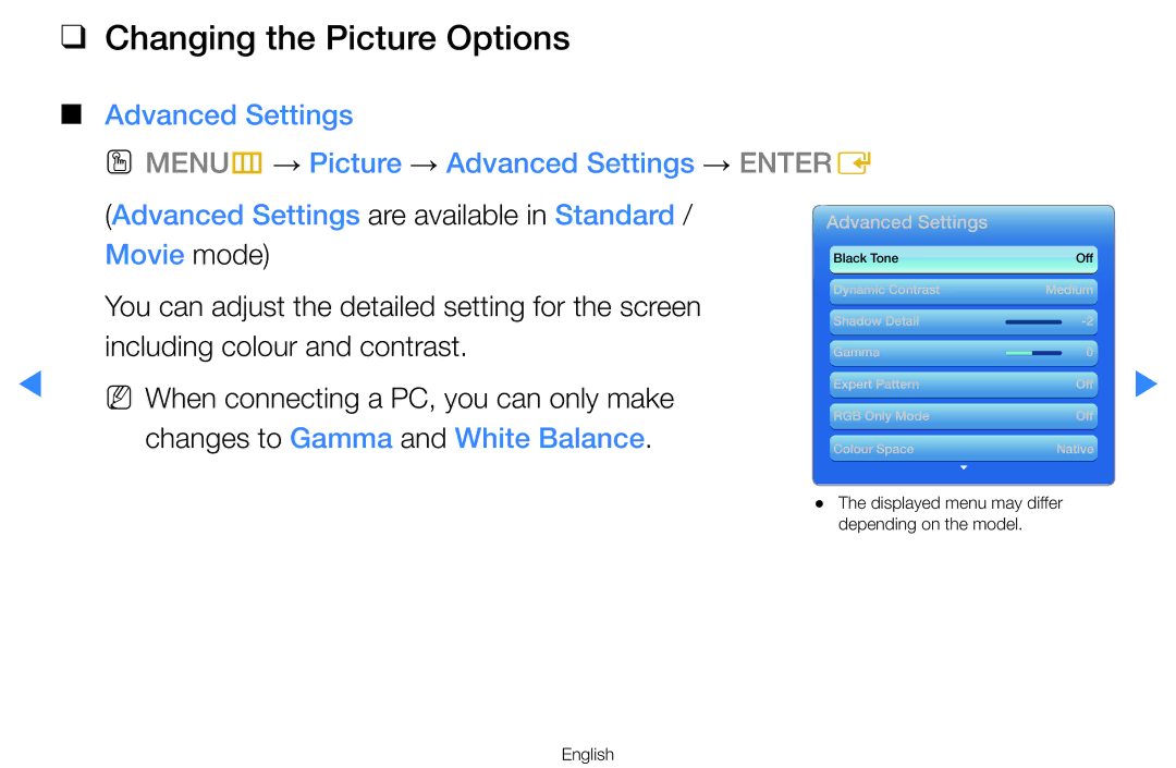 Samsung UA55D7000LNXTW, UA55H8000ARXSK, UA65H8000ARXSK, UA46D7000LRSXA, UA46D7000LRXZN manual Changing the Picture Options 