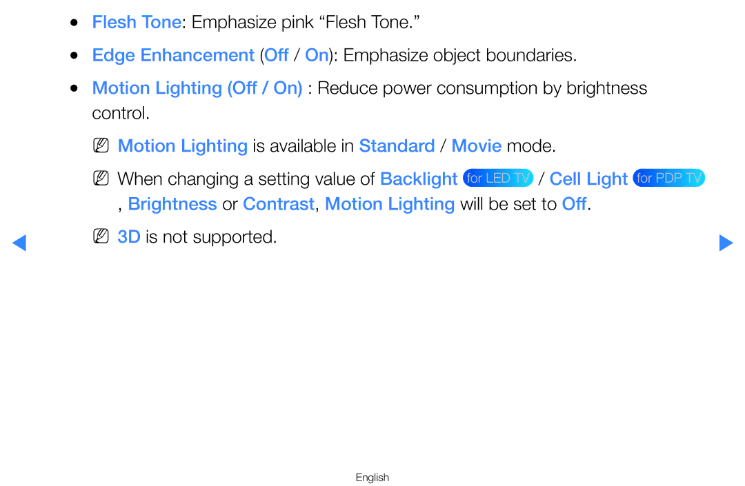 Samsung UA60D8000YRXZN, UA55H8000ARXSK, UA65H8000ARXSK manual NN Motion Lighting is available in Standard / Movie mode 