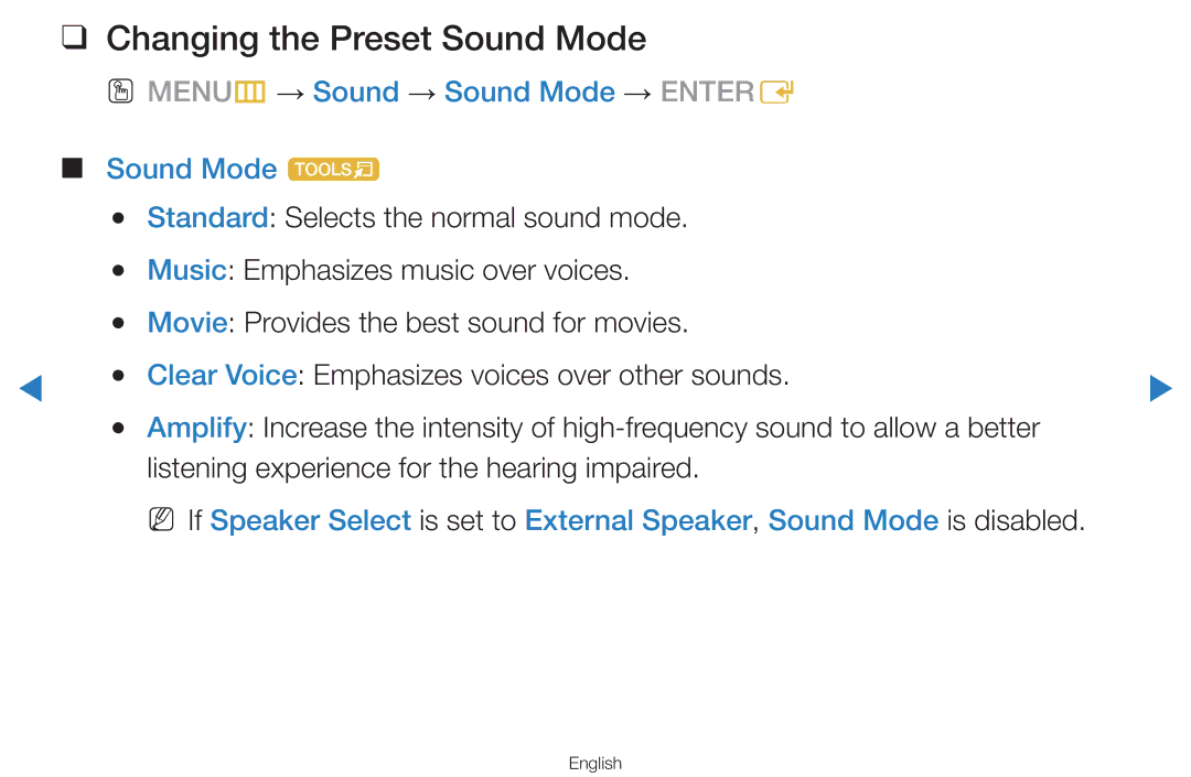 Samsung UA46D7000LNXTW, UA55H8000ARXSK Changing the Preset Sound Mode, OO MENUm → Sound → Sound Mode → Entere Sound Mode t 