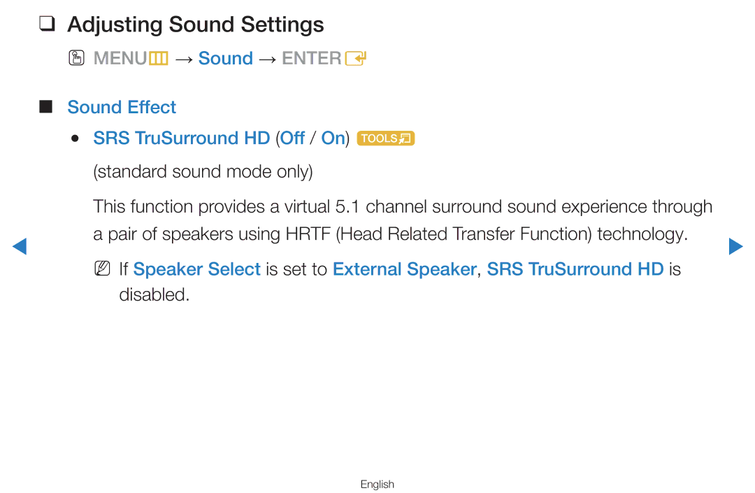 Samsung UA46D8000YNXHC Adjusting Sound Settings, Sound Effect SRS TruSurround HD Off / On t, Standard sound mode only 