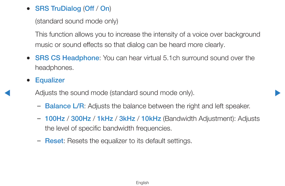 Samsung UA46D8000YNXRQ, UA55H8000ARXSK, UA65H8000ARXSK, UA46D7000LRSXA, UA46D7000LRXZN manual SRS TruDialog Off / On, Equalizer 