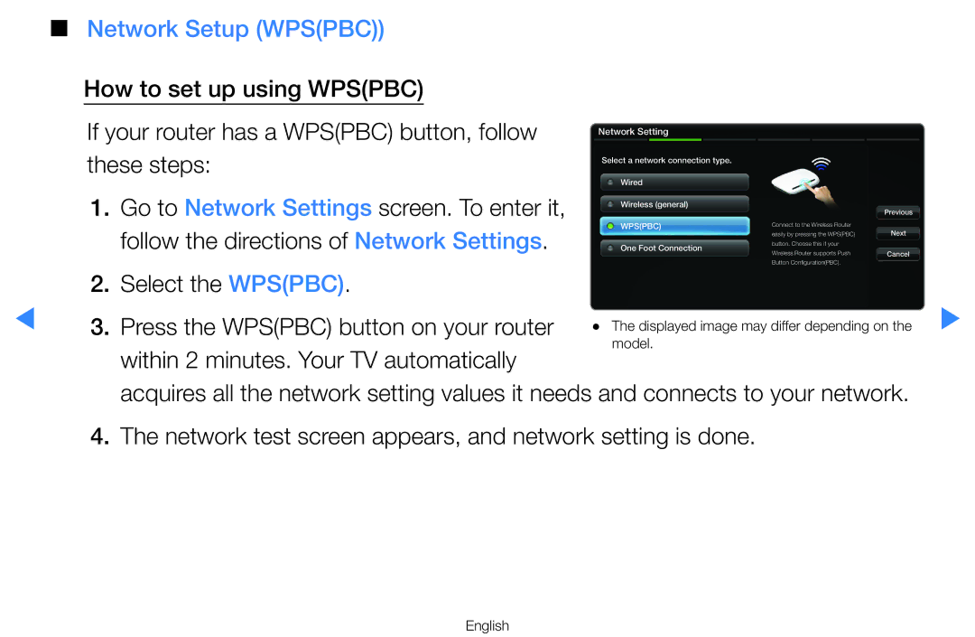 Samsung UA46D7000LRXZN, UA55H8000ARXSK Network Setup Wpspbc, Select the Wpspbc, Press the Wpspbc button on your router 