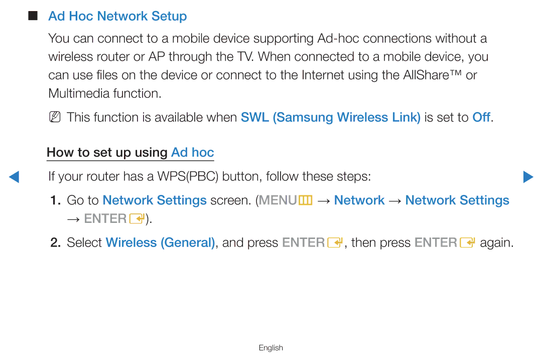 Samsung UA46D8000YNXUM, UA55H8000ARXSK, UA65H8000ARXSK, UA46D7000LRSXA, UA46D7000LRXZN, UA46D8000YRXTW Ad Hoc Network Setup 