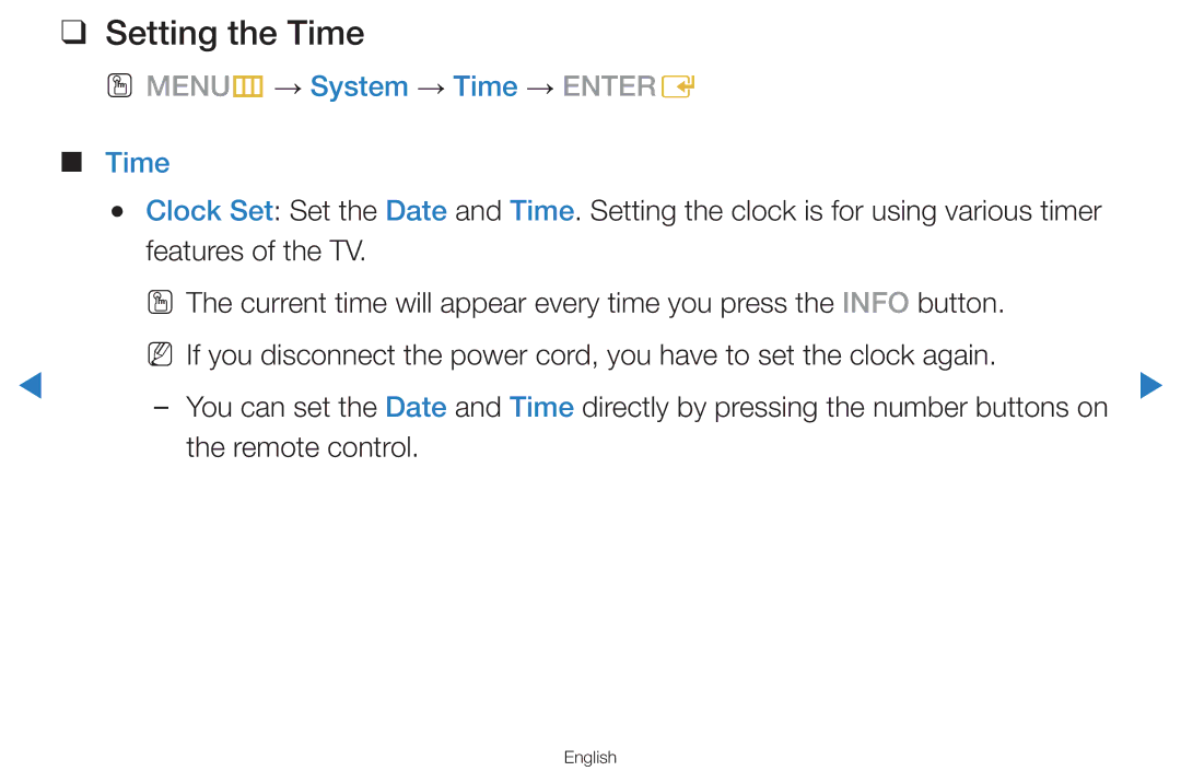 Samsung UA55D8000YRXZN, UA55H8000ARXSK, UA65H8000ARXSK Setting the Time, OO MENUm → System → Time → Entere, Remote control 