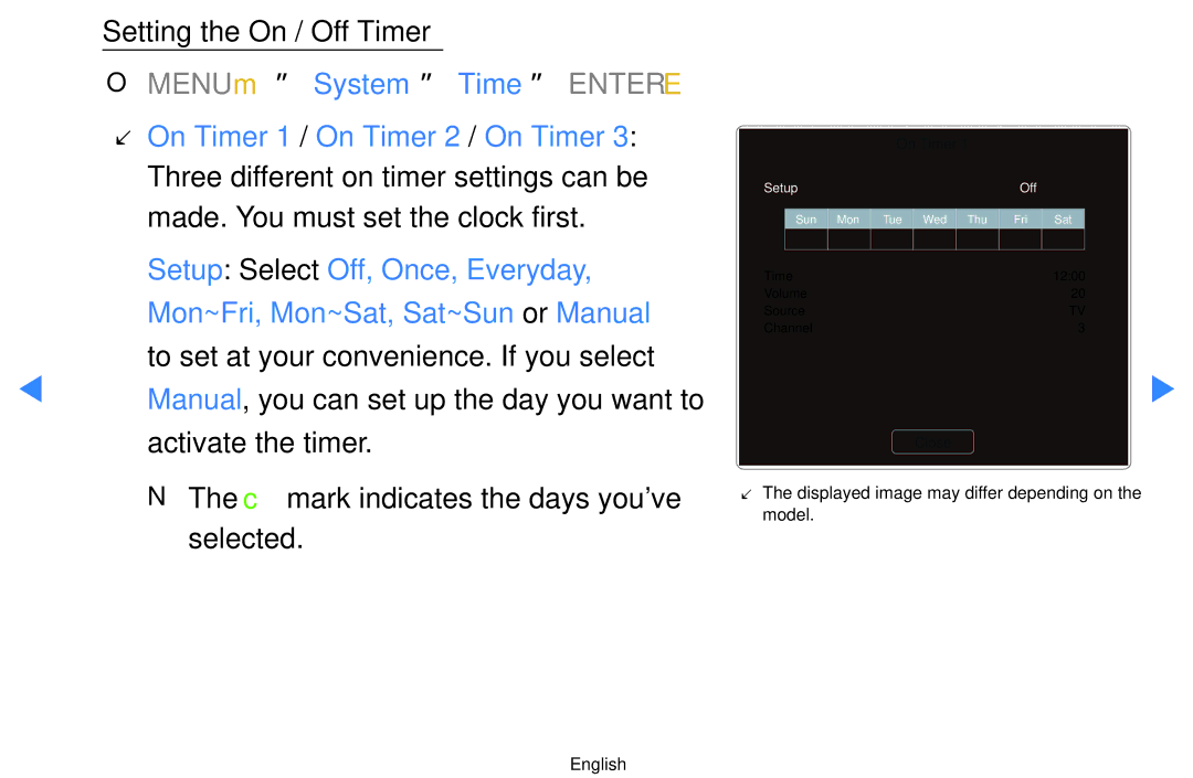 Samsung UA65D8000XNXUM, UA55H8000ARXSK, UA65H8000ARXSK, UA46D7000LRSXA, UA46D7000LRXZN manual Setting the On / Off Timer 
