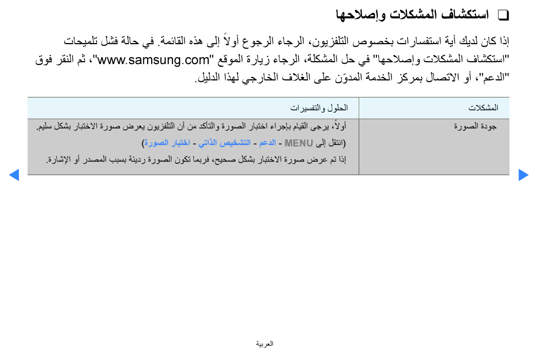 Samsung UA65D8000XNXZN, UA55H8000ARXSK, UA65H8000ARXSK اهحلاصإو تلاكشملا فاشكتسا, تاريسفتلاو لولحلا تلاكشملا ةروصلا ةدوج 