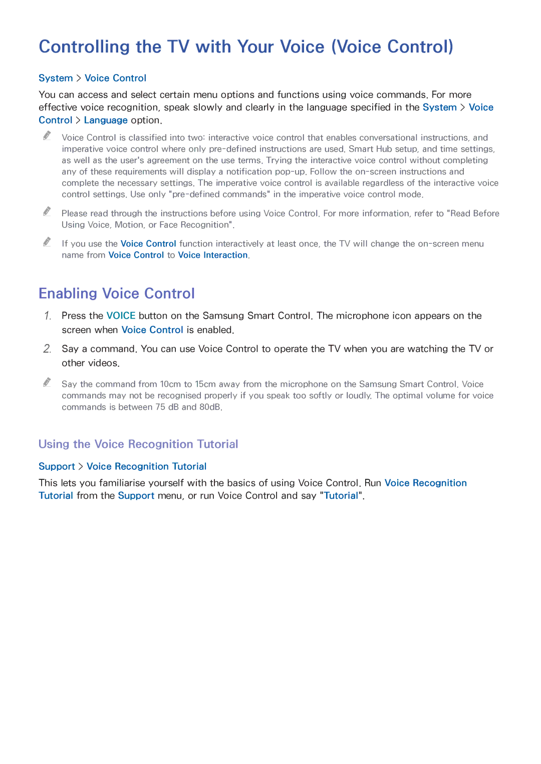 Samsung UA55HU7200KXXV Controlling the TV with Your Voice Voice Control, Enabling Voice Control, System Voice Control 