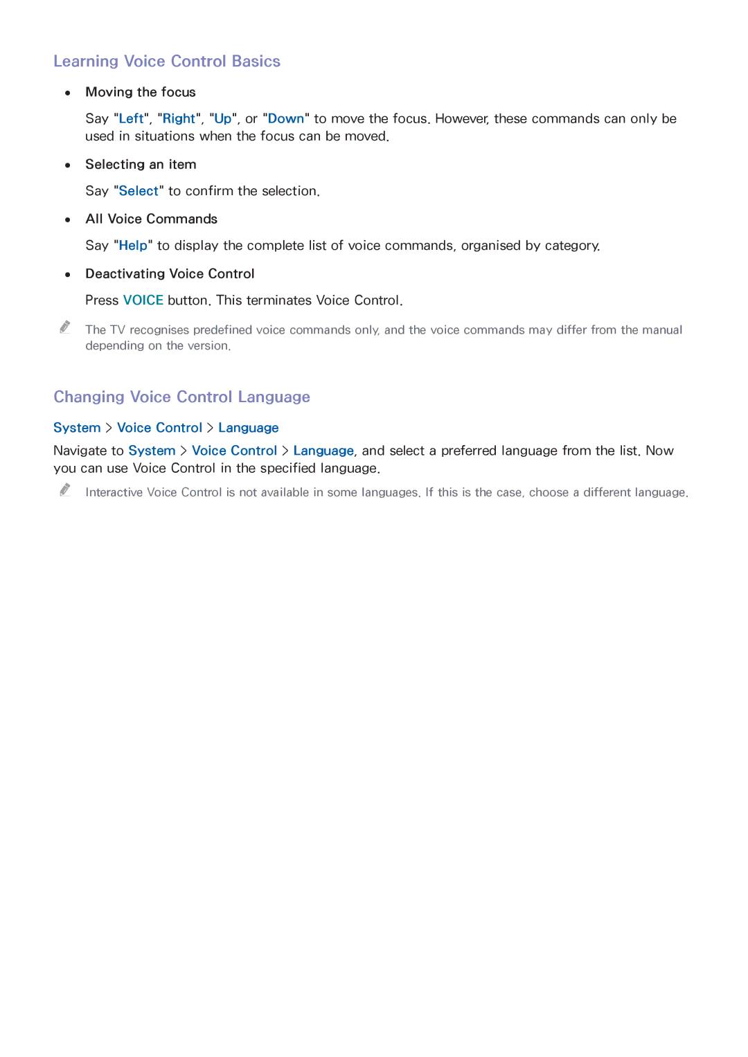 Samsung UA55HU7000KXXV manual Learning Voice Control Basics, Changing Voice Control Language, System Voice Control Language 