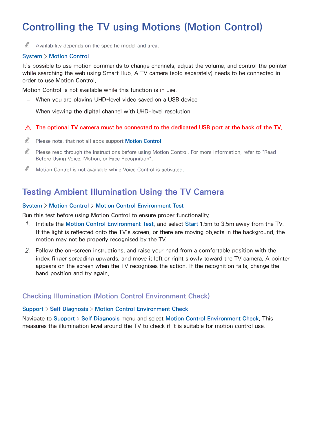 Samsung UA55HU8500KXXV Controlling the TV using Motions Motion Control, Testing Ambient Illumination Using the TV Camera 