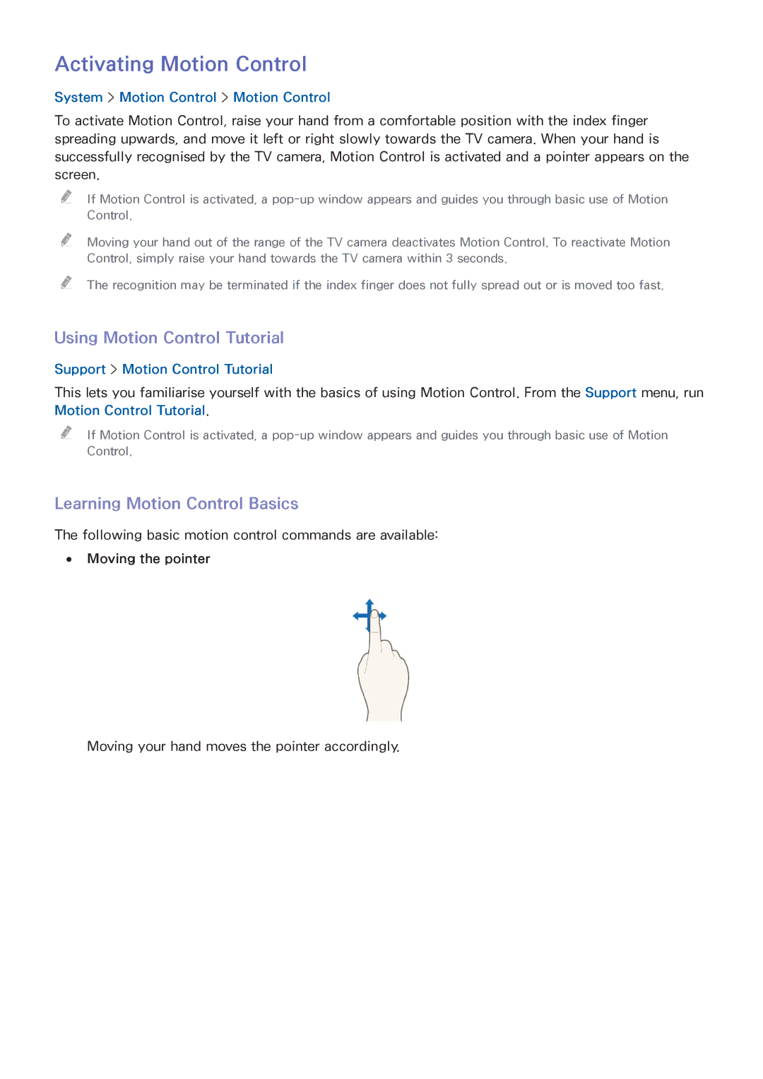 Samsung UA65HU7200KXXV manual Activating Motion Control, Using Motion Control Tutorial, Learning Motion Control Basics 