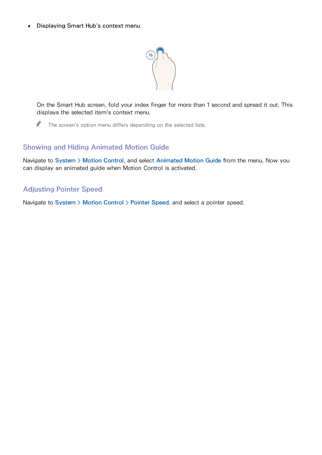 Samsung UA48HU8500KXXV, UA55HU7200KXXV, UA55HU7000KXXV Showing and Hiding Animated Motion Guide, Adjusting Pointer Speed 