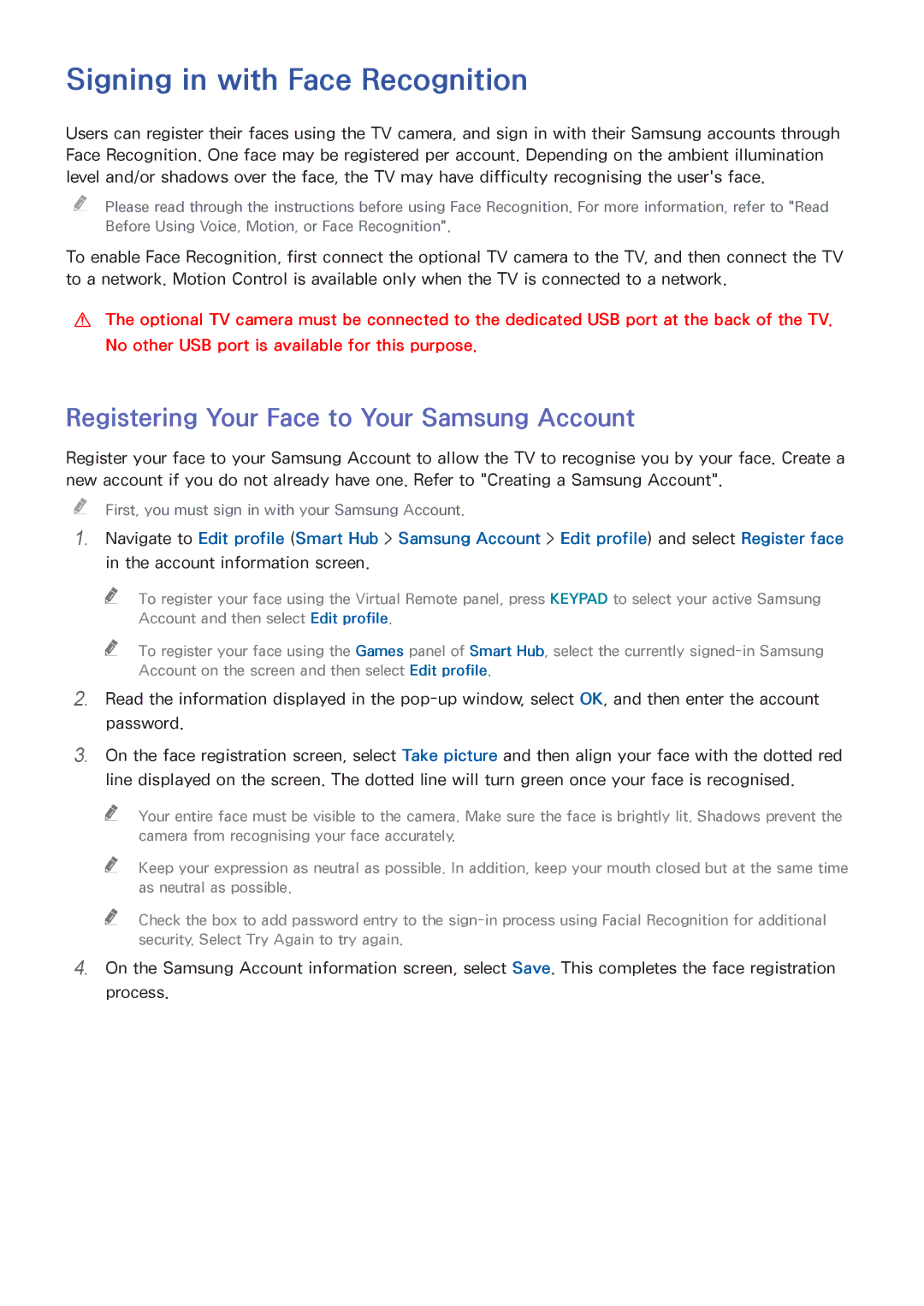 Samsung UA55HU7200WXSQ, UA55HU7200KXXV Signing in with Face Recognition, Registering Your Face to Your Samsung Account 