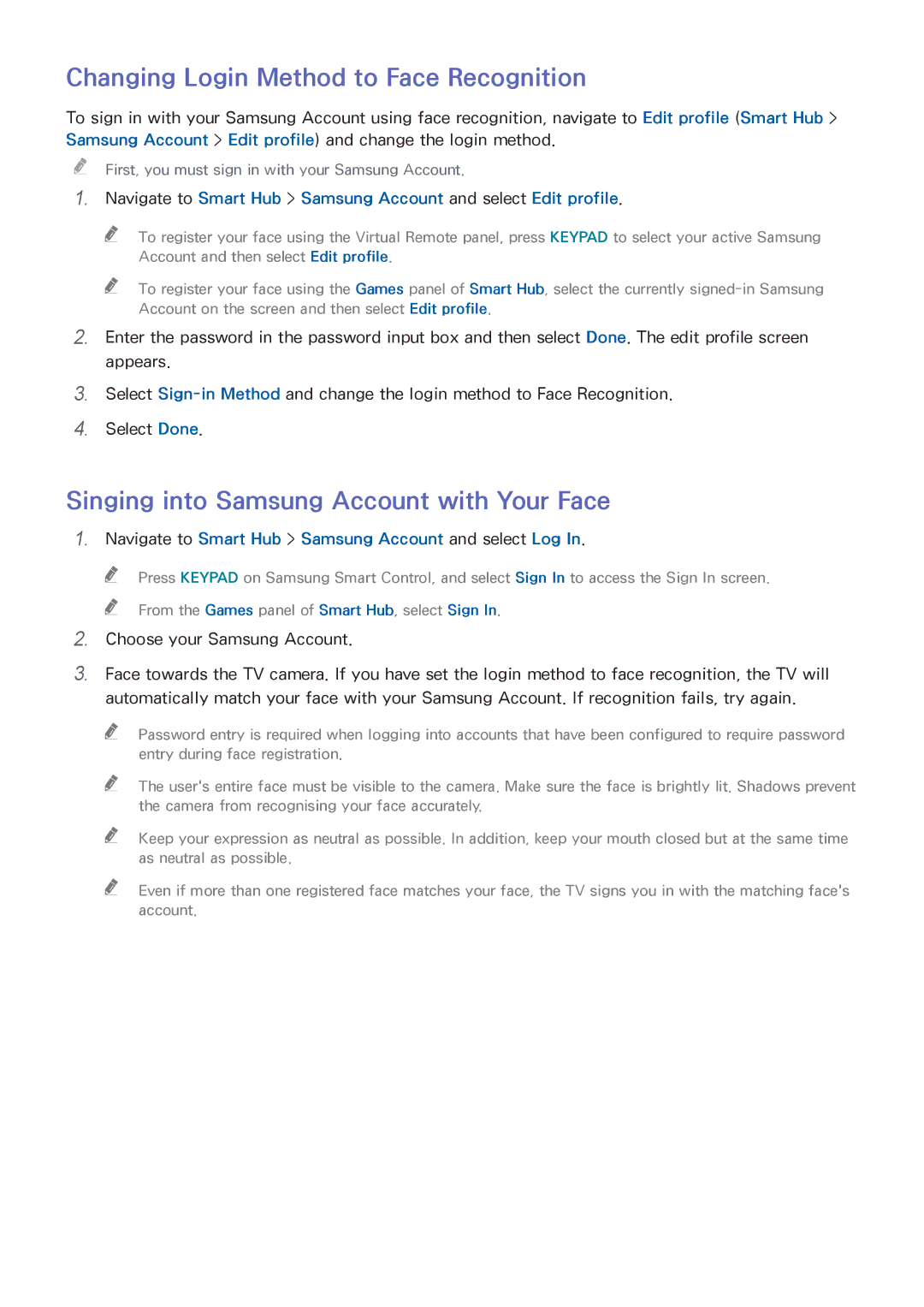 Samsung UA48HU8500WXSQ manual Changing Login Method to Face Recognition, Singing into Samsung Account with Your Face 