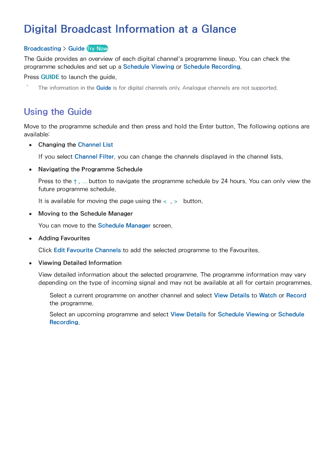 Samsung UA40HU7000WXSQ manual Digital Broadcast Information at a Glance, Using the Guide, Broadcasting Guide Try Now 