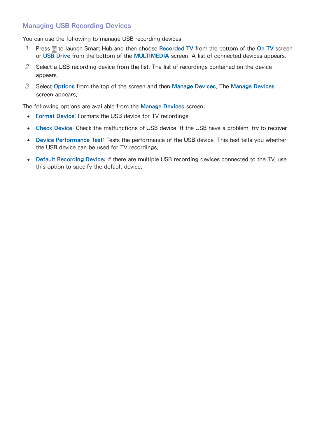 Samsung UA55HU8500WXSQ, UA55HU7200KXXV, UA55HU7000KXXV, UA65HU8500KXXV, UA50HU7000KXXV manual Managing USB Recording Devices 
