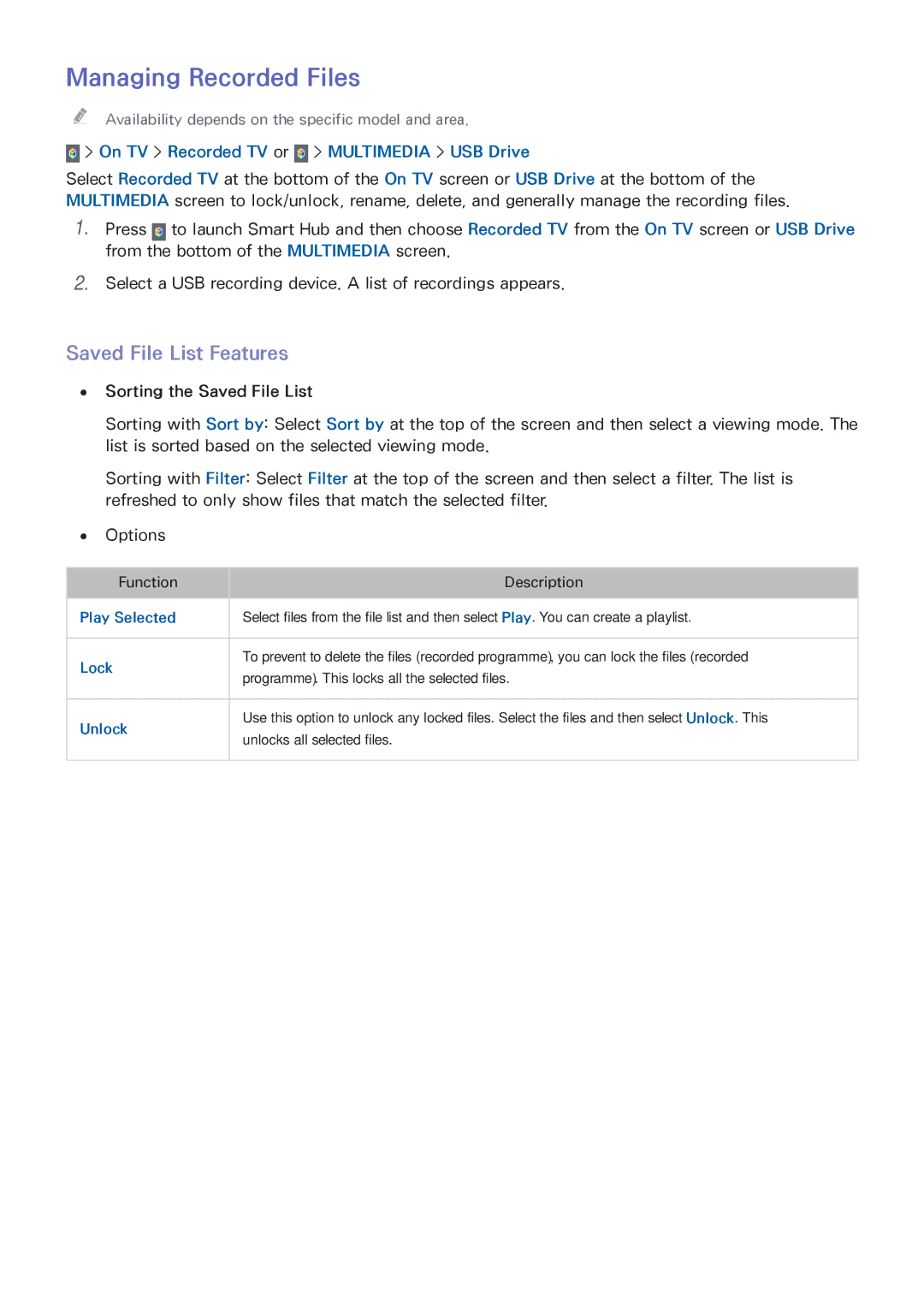 Samsung UA50HU7000KXXV, UA55HU7200KXXV, UA55HU7000KXXV, UA65HU8500KXXV Managing Recorded Files, Saved File List Features 
