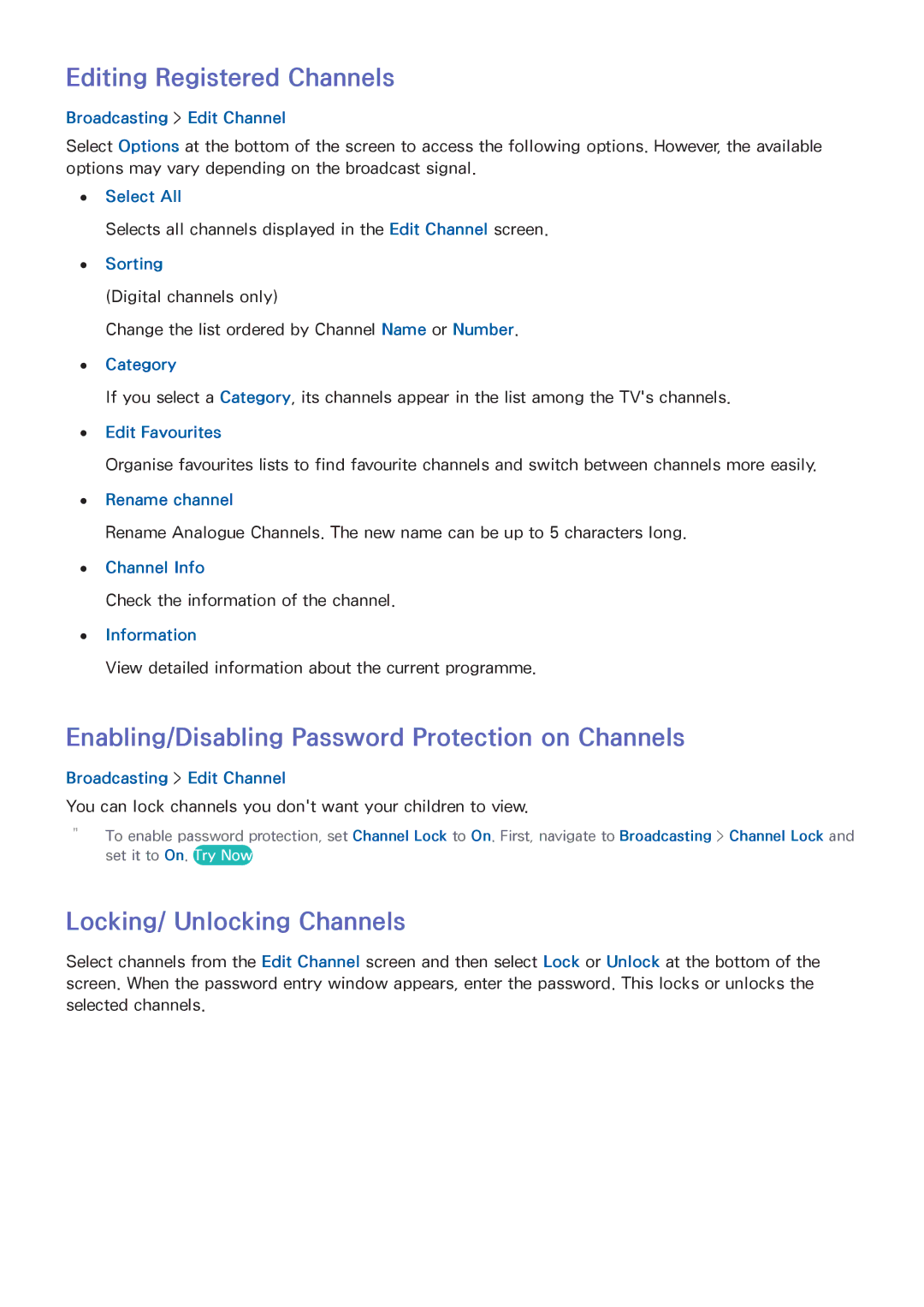 Samsung UA65HU7200WXSQ manual Editing Registered Channels, Enabling/Disabling Password Protection on Channels, Select All 