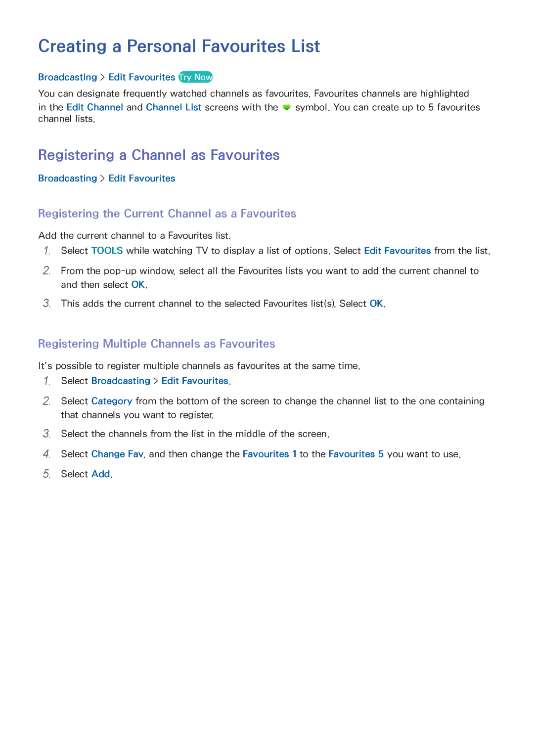 Samsung UA55HU7000WXSQ, UA55HU7200KXXV manual Creating a Personal Favourites List, Registering a Channel as Favourites 