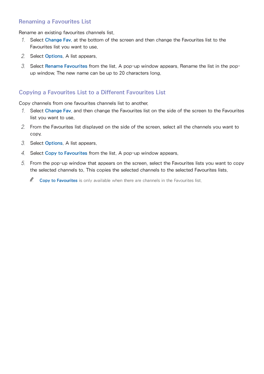 Samsung UA40HU7000WXSQ manual Renaming a Favourites List, Copying a Favourites List to a Different Favourites List 