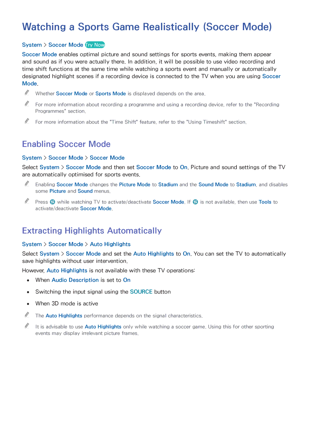 Samsung UA65HU8700WXSQ, UA55HU7200KXXV manual Watching a Sports Game Realistically Soccer Mode, Enabling Soccer Mode 