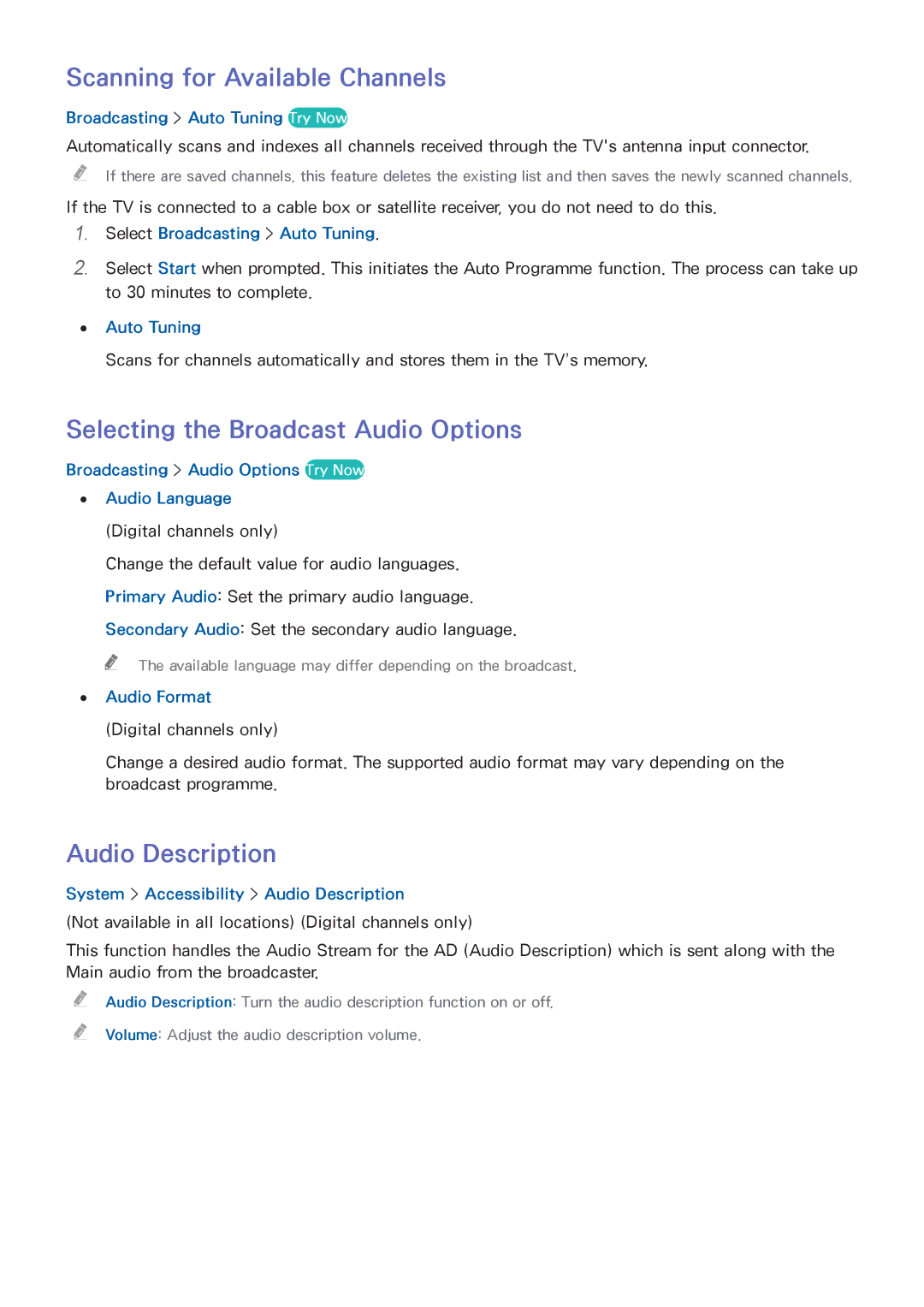 Samsung UA55HU8700WXSQ manual Scanning for Available Channels, Selecting the Broadcast Audio Options, Audio Description 