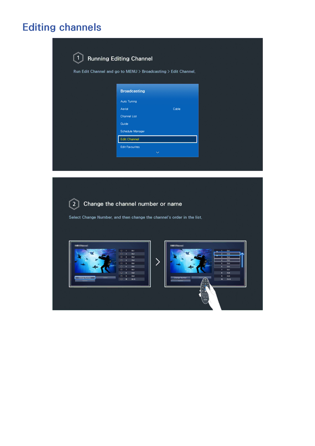 Samsung UA65HU8700WXSQ, UA55HU7200KXXV, UA55HU7000KXXV, UA65HU8500KXXV manual Editing channels, Running Editing Channel 