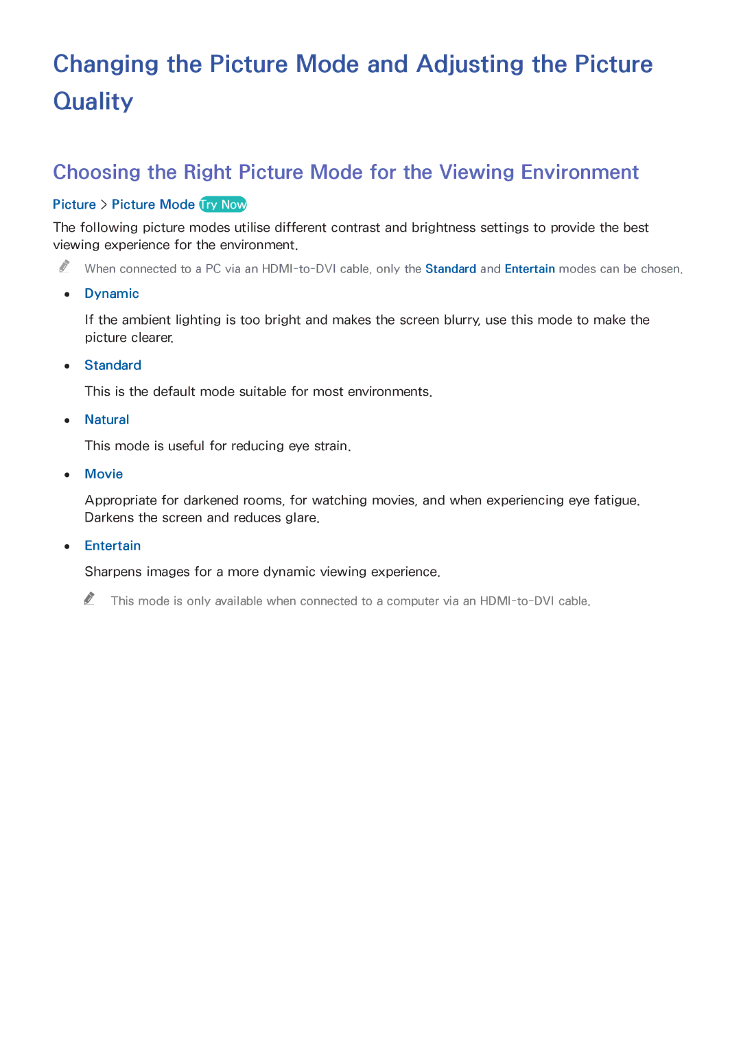 Samsung UA50HU7000KXXV, UA55HU7200KXXV, UA55HU7000KXXV manual Changing the Picture Mode and Adjusting the Picture Quality 