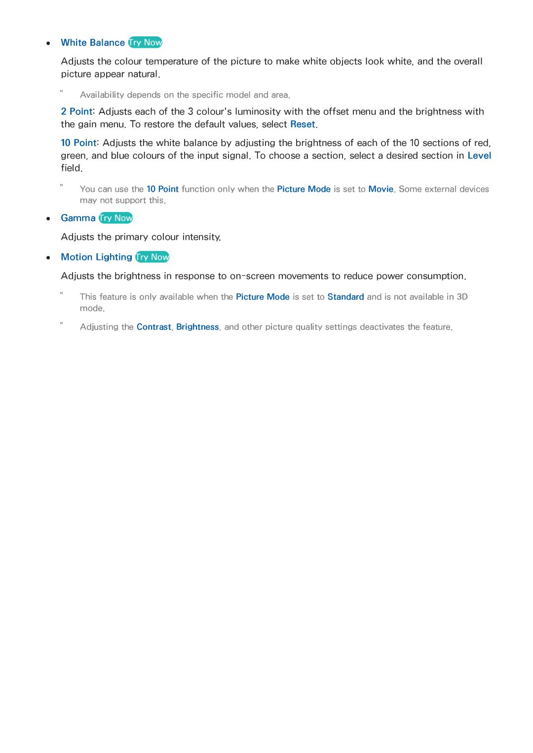 Samsung UA85HU8500KXXV, UA55HU7200KXXV, UA55HU7000KXXV, UA65HU8500KXXV manual White Balance Try Now, Motion Lighting Try Now 