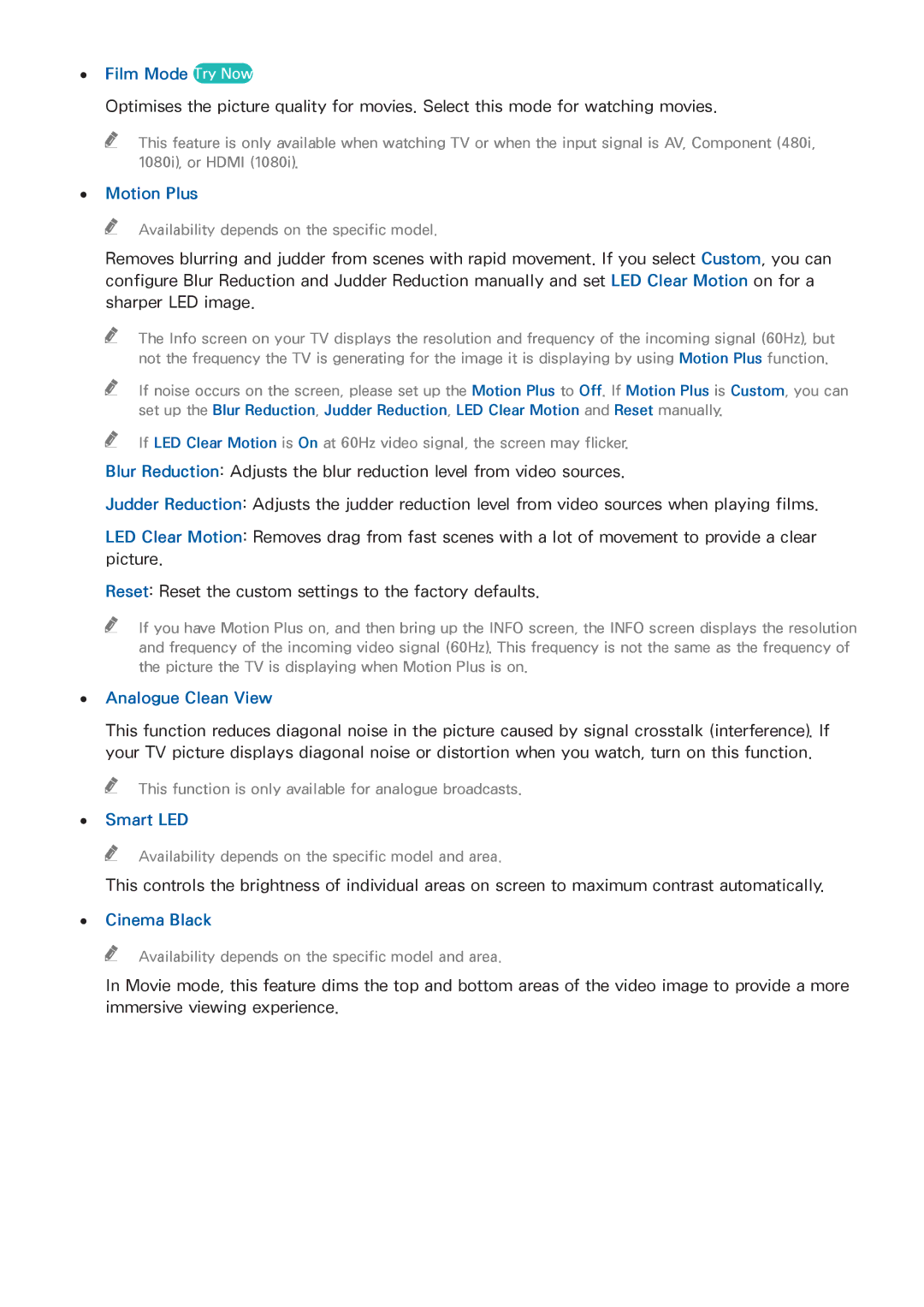 Samsung UA65HU8700KXXV, UA55HU7200KXXV manual Film Mode Try Now, Motion Plus, Analogue Clean View, Smart LED, Cinema Black 
