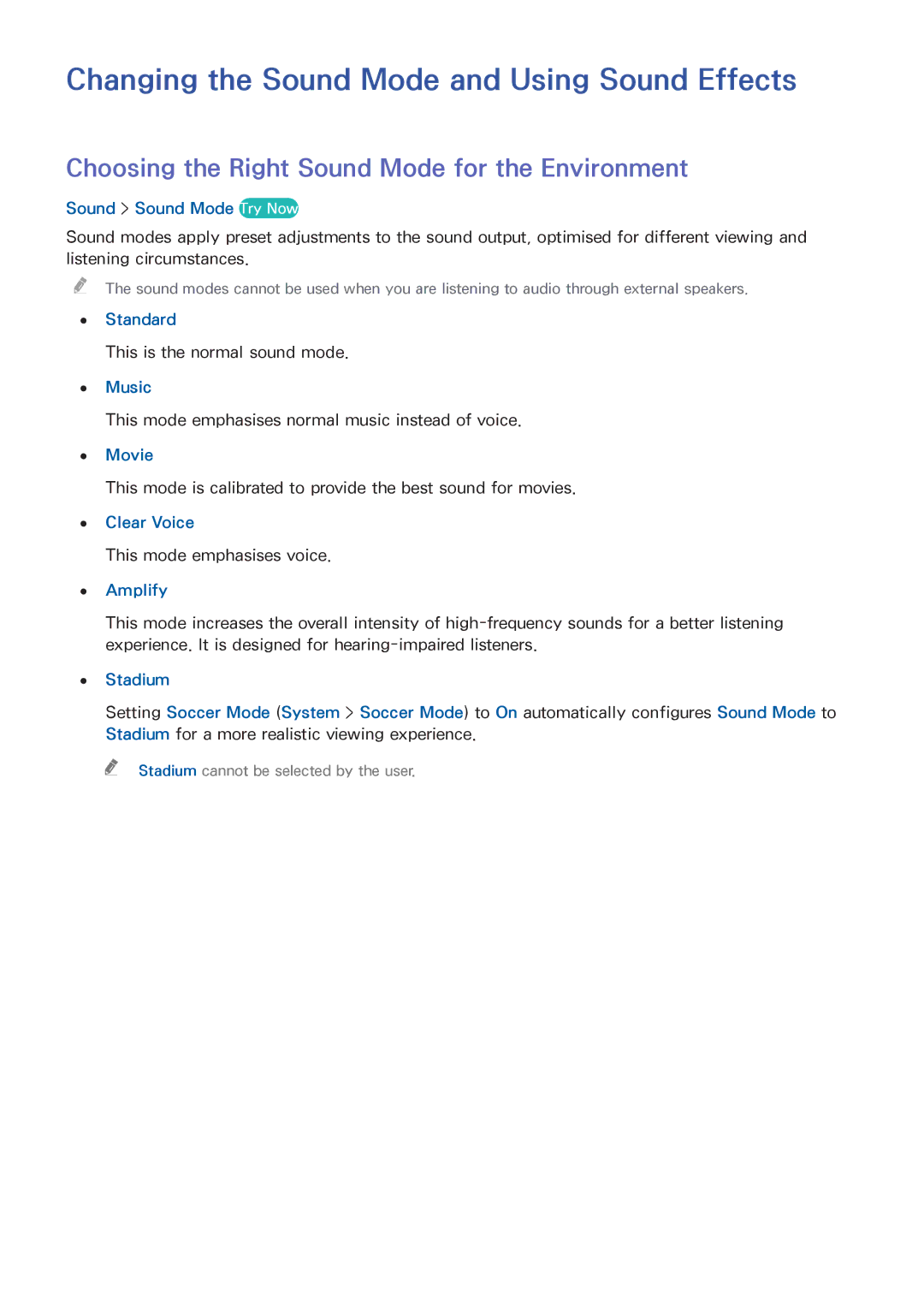 Samsung UA85HU8500WXSQ Changing the Sound Mode and Using Sound Effects, Choosing the Right Sound Mode for the Environment 