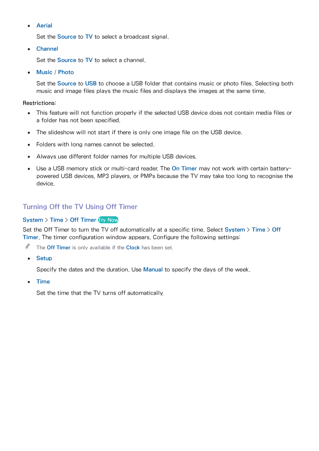 Samsung UA65HU8500KXXV manual Turning Off the TV Using Off Timer, Aerial, Music / Photo, System Time Off Timer Try Now 