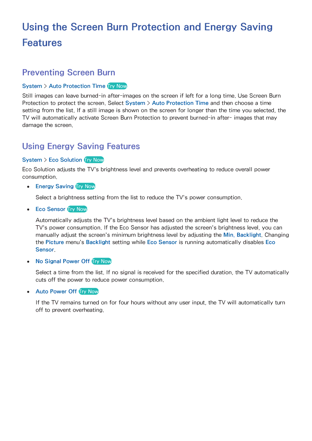 Samsung UA50HU7000KXXV, UA55HU7200KXXV Using the Screen Burn Protection and Energy Saving Features, Preventing Screen Burn 