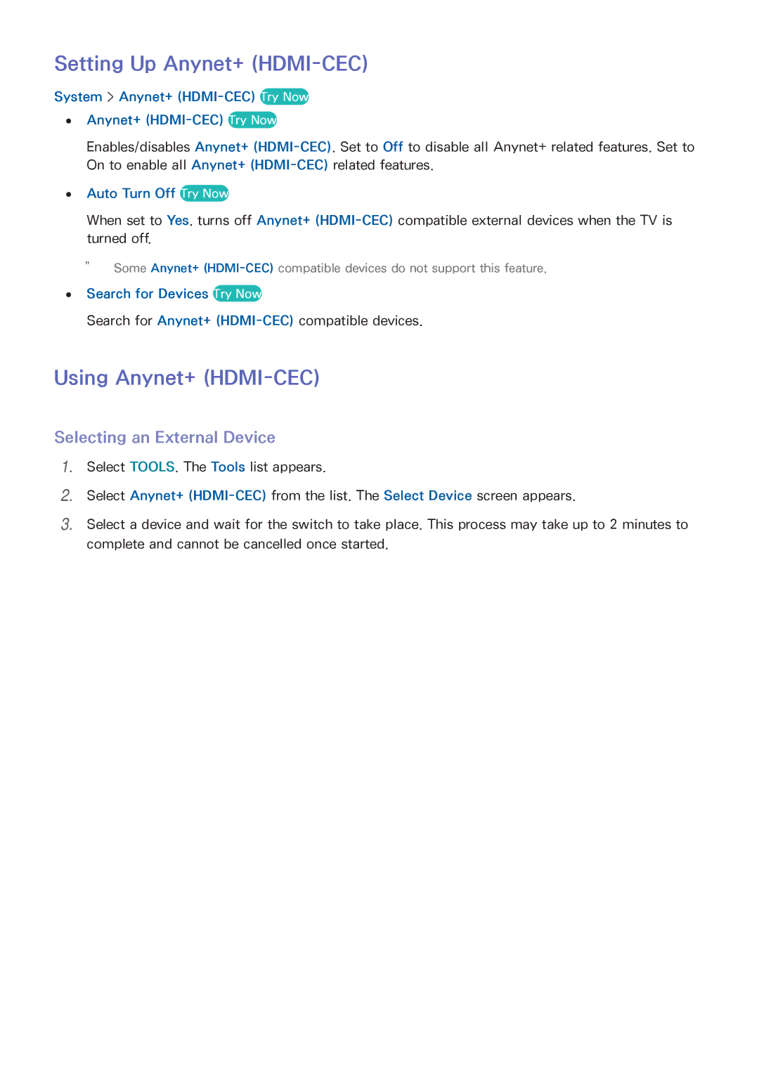 Samsung UA65HU7200KXXV, UA55HU7200KXXV Setting Up Anynet+ HDMI-CEC, Using Anynet+ HDMI-CEC, Selecting an External Device 