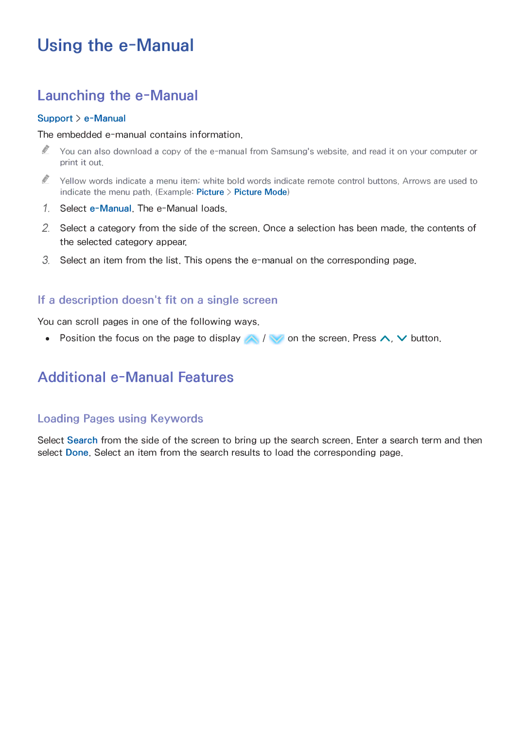 Samsung UA48HU8500KXXV, UA55HU7200KXXV manual Using the e-Manual, Launching the e-Manual, Additional e-Manual Features 