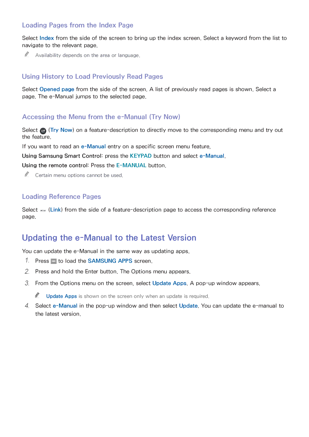 Samsung UA55HU8700KXXV Updating the e-Manual to the Latest Version, Loading Pages from the Index, Loading Reference Pages 