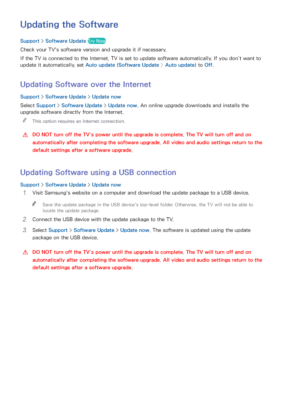 Samsung UA65HU8700KXXV manual Updating the Software, Updating Software over the Internet, Support Software Update Try Now 