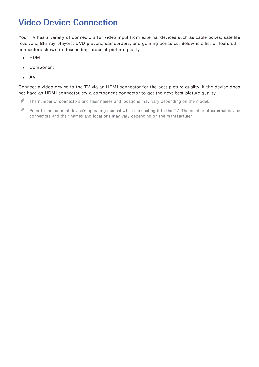 Samsung UA65HU8500WXSQ, UA55HU7200KXXV, UA55HU7000KXXV, UA65HU8500KXXV, UA50HU7000KXXV manual Video Device Connection, Hdmi 