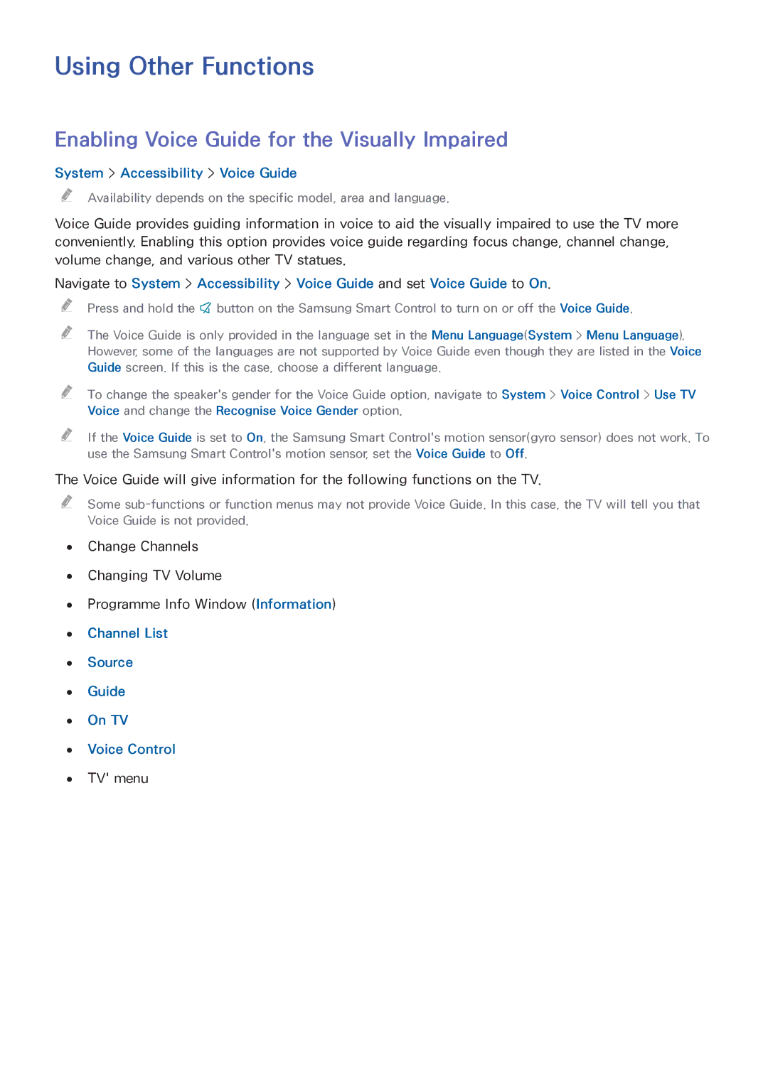 Samsung UA55HU7200WXSQ, UA55HU7200KXXV manual Using Other Functions, Enabling Voice Guide for the Visually Impaired 