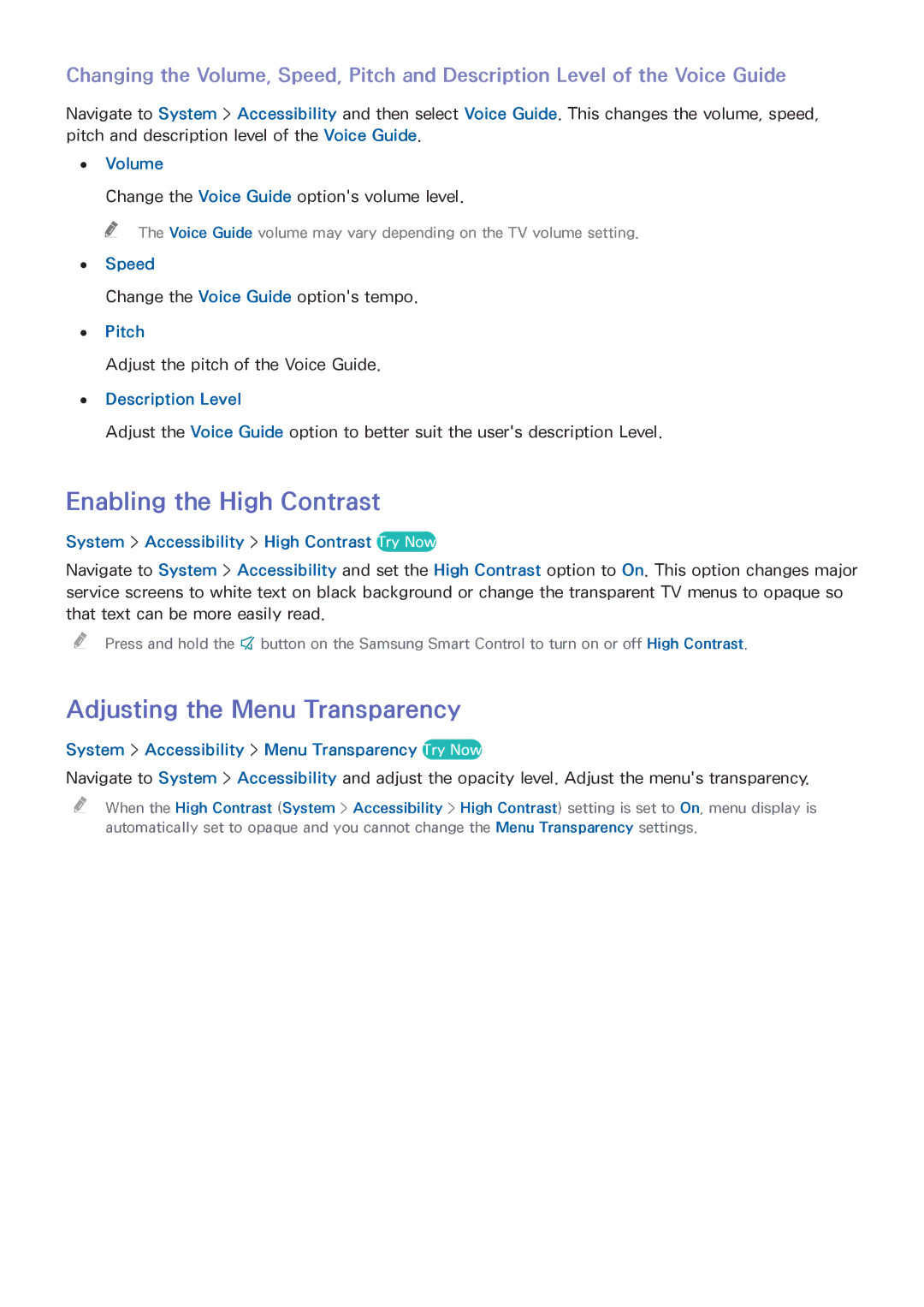 Samsung UA48HU8500WXSQ, UA55HU7200KXXV, UA55HU7000KXXV manual Enabling the High Contrast, Adjusting the Menu Transparency 