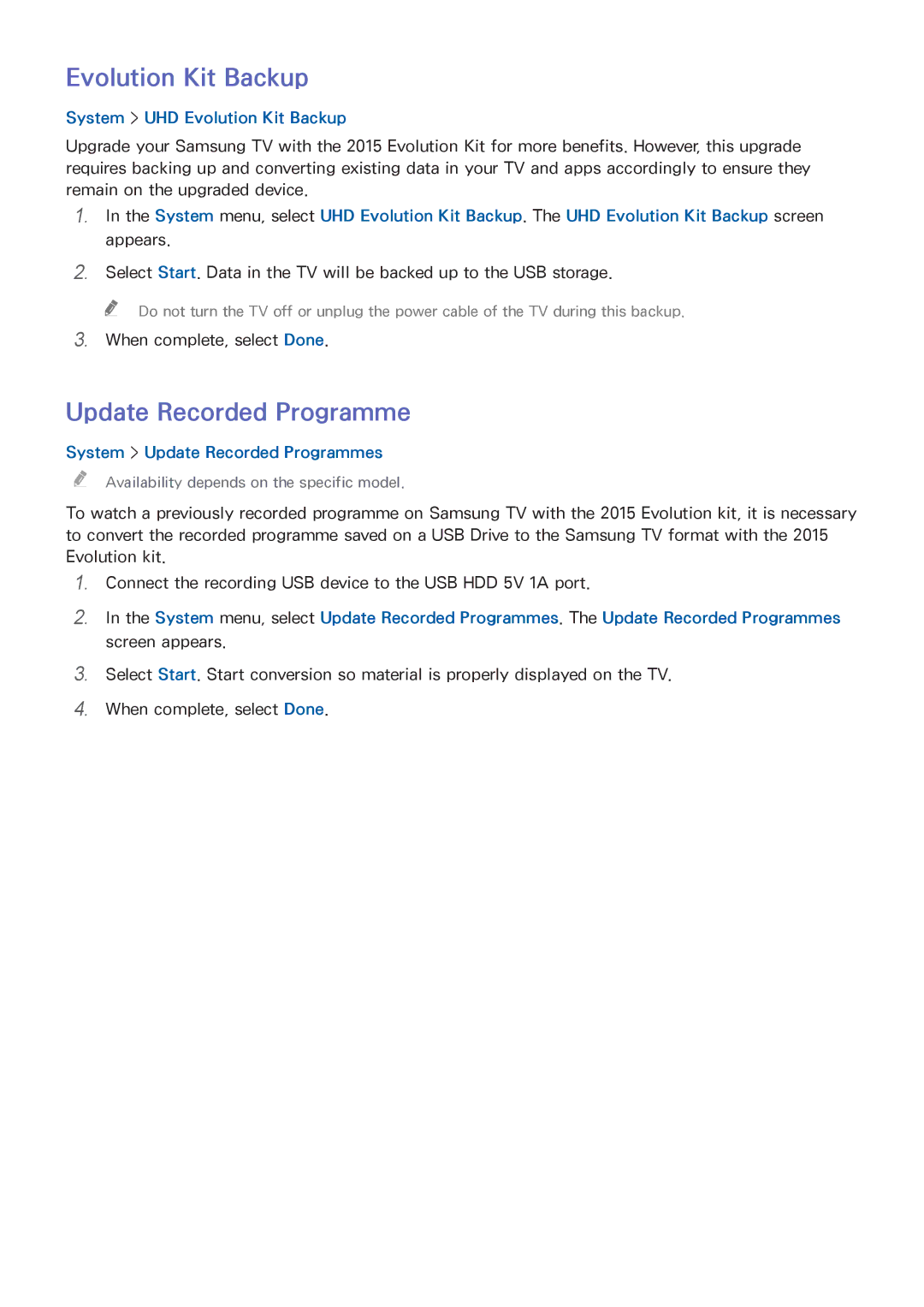 Samsung UA55HU8500WXSQ, UA55HU7200KXXV manual System UHD Evolution Kit Backup, System Update Recorded Programmes 