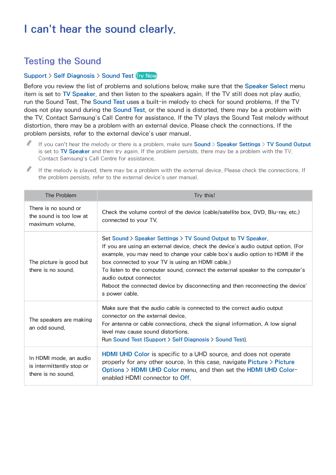 Samsung UA85HU8500KXXV manual Cant hear the sound clearly, Testing the Sound, Support Self Diagnosis Sound Test Try Now 