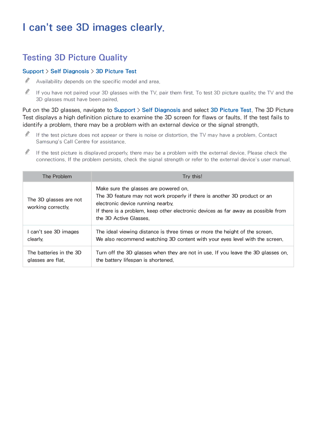 Samsung UA48HU8500KXXV Cant see 3D images clearly, Testing 3D Picture Quality, Support Self Diagnosis 3D Picture Test 